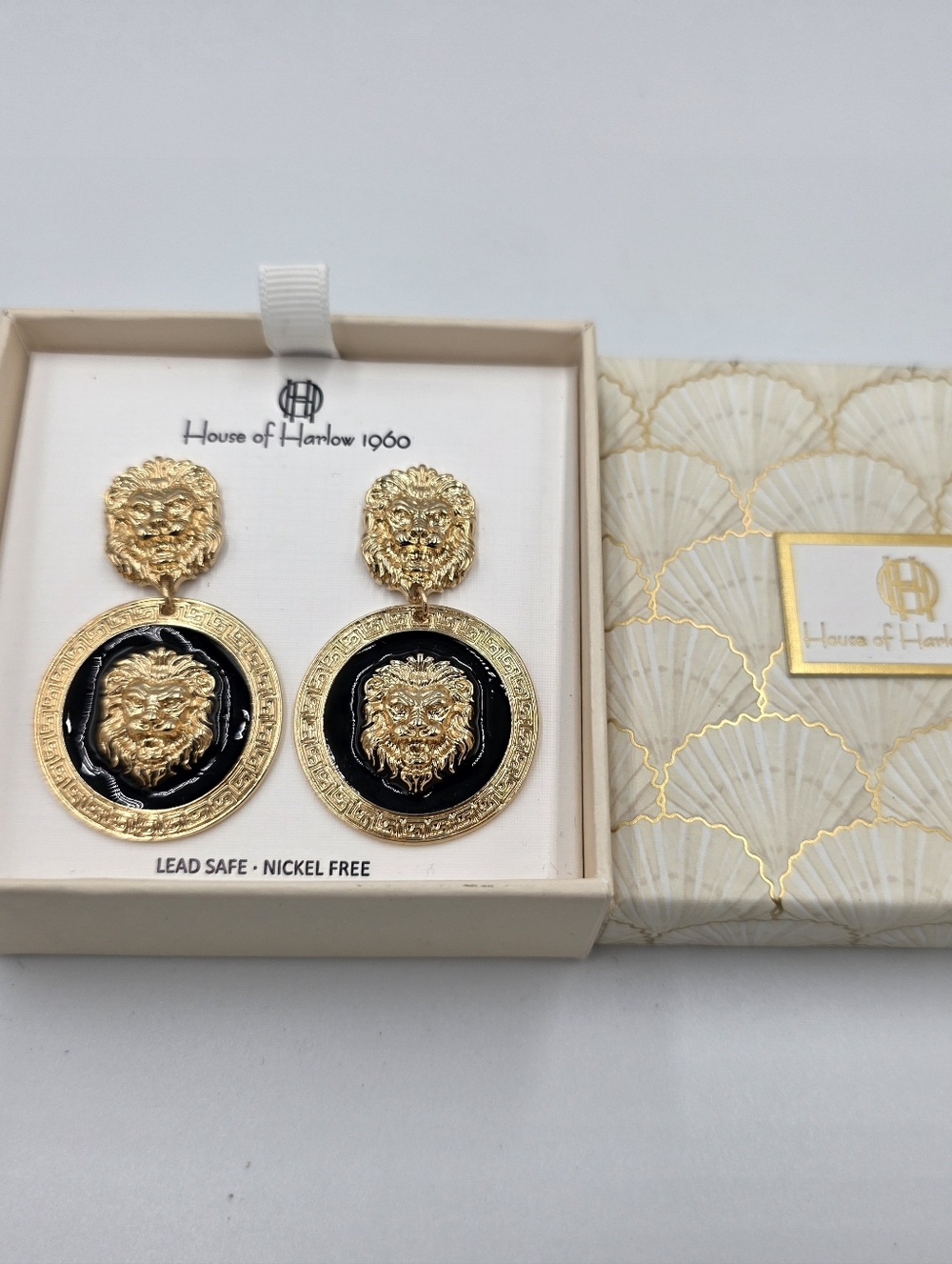 House of Harlow 1960 Gold Black Lion Head Medallion Drop Statement Earrings NEW